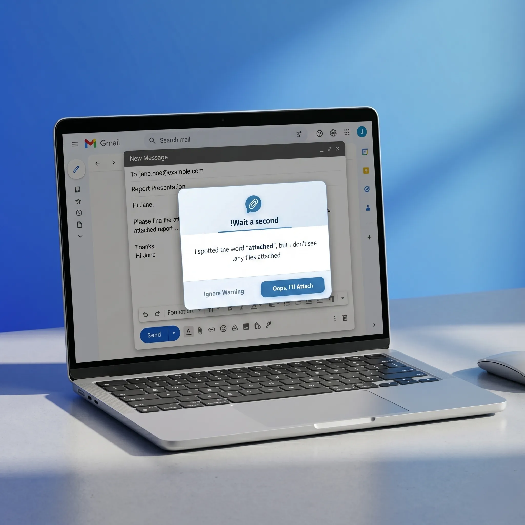 Attachment Reminder in action — email compose window with attachment warning popup